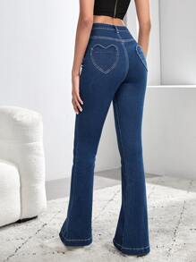 SHEIN Tall 愛心貼布口袋牛仔喇叭褲 - 深色水洗藍 - 查看 1