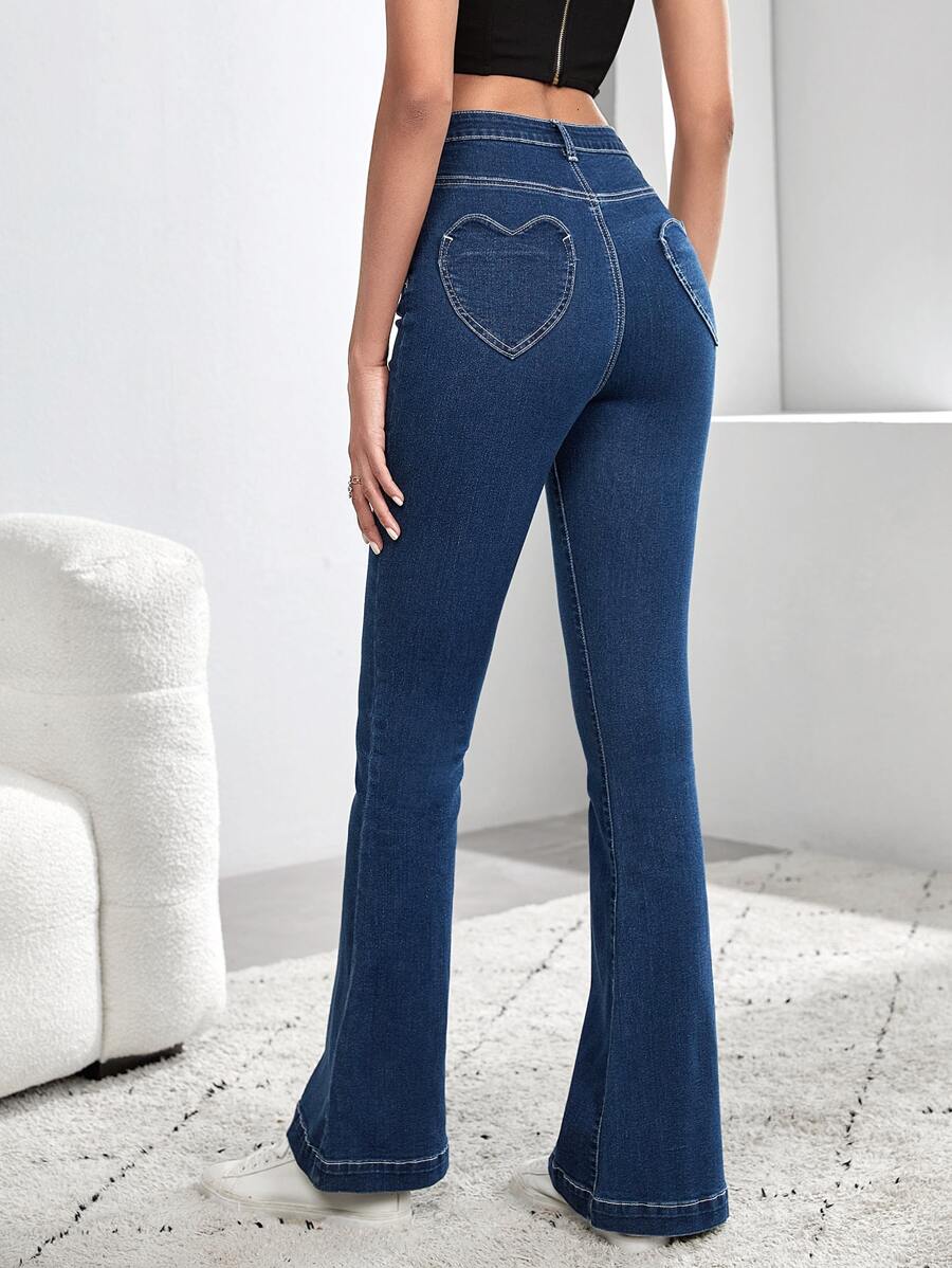 SHEIN Tall 愛心貼布口袋牛仔喇叭褲 - 深色水洗藍 - 查看 1