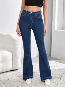 SHEIN Tall 愛心貼布口袋牛仔喇叭褲 - 深色水洗藍 - 查看 2
