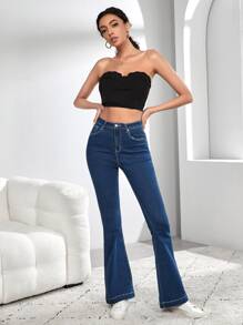 SHEIN Tall 愛心貼布口袋牛仔喇叭褲 - 深色水洗藍 - 查看 3