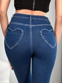 SHEIN Tall 愛心貼布口袋牛仔喇叭褲 - 深色水洗藍 - 查看 4