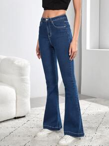 SHEIN Tall 愛心貼布口袋牛仔喇叭褲 - 深色水洗藍 - 查看 5