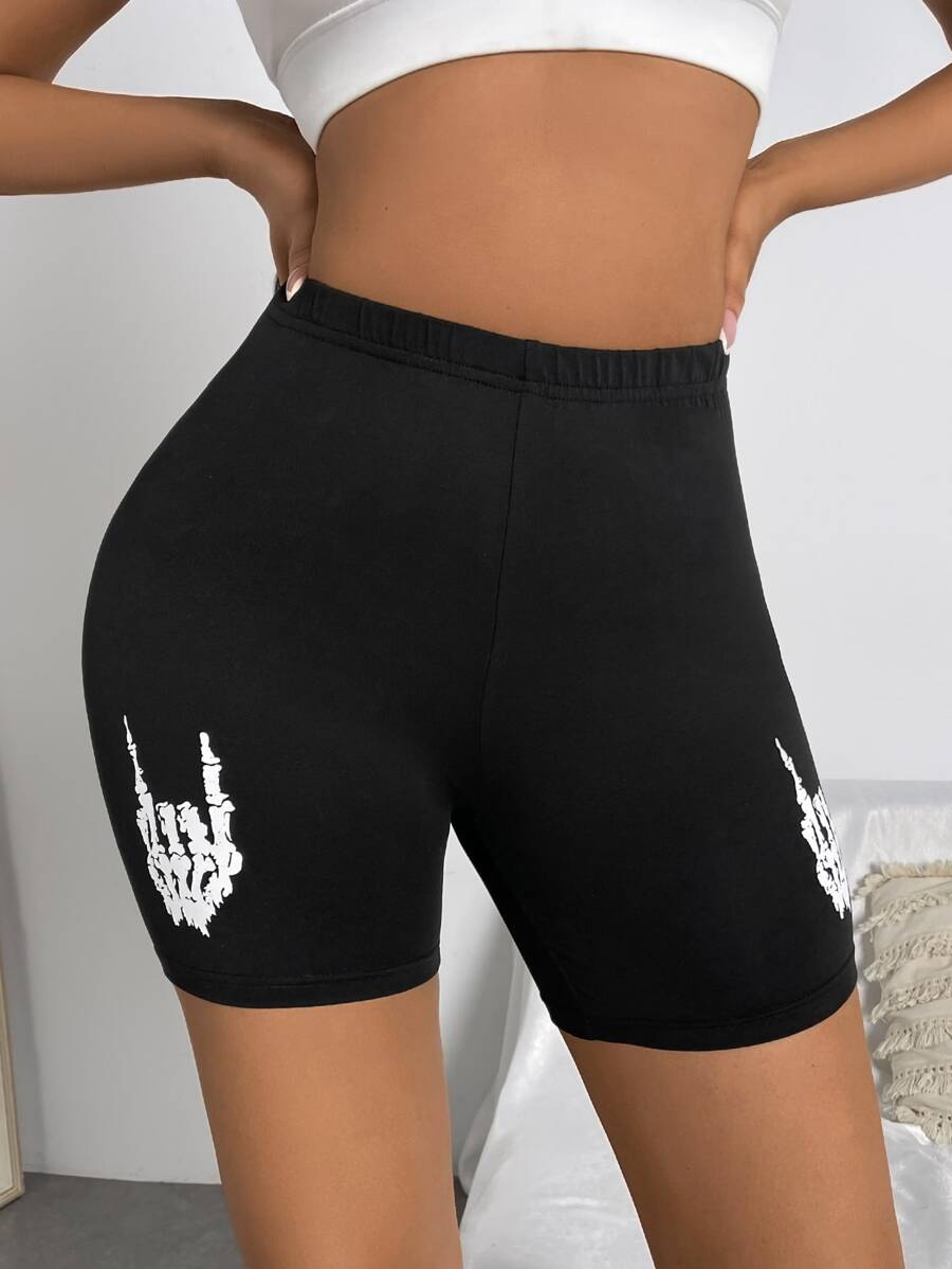 SHEIN Unity Shorts biker esqueleto con estampado de dedo - Negro - Ver 1