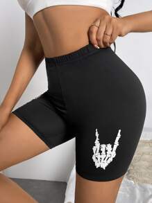 SHEIN Unity Shorts biker esqueleto con estampado de dedo - Negro - Ver 3