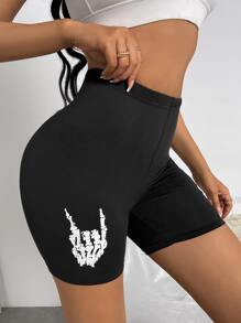 SHEIN Unity Shorts biker esqueleto con estampado de dedo - Negro - Ver 4