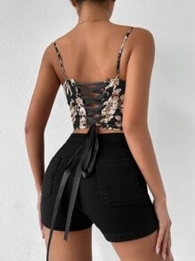 SHEIN VCAY 1pc Floral Print Lace Up Back Crop Cami Top - Multicolor - View 2