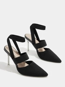 Tacones con tacón delgado tejido de punta - Negro - Ver 6