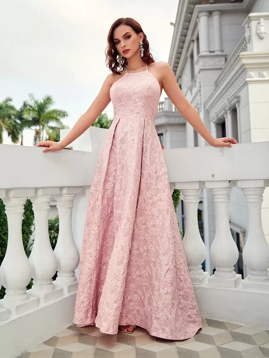 UNITHORSE Floral Jacquard Lace Up Backless Halterneck Fold Pleated Hem Formal Dress - Pink - View 1