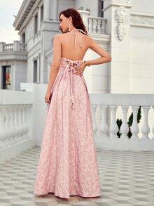 UNITHORSE Floral Jacquard Lace Up Backless Halterneck Fold Pleated Hem Formal Dress - Pink - View 2
