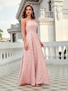 UNITHORSE Floral Jacquard Lace Up Backless Halterneck Fold Pleated Hem Formal Dress - Pink - View 4
