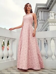UNITHORSE Floral Jacquard Lace Up Backless Halterneck Fold Pleated Hem Formal Dress - Pink - View 5
