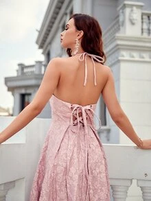 UNITHORSE Floral Jacquard Lace Up Backless Halterneck Fold Pleated Hem Formal Dress - Pink - View 6
