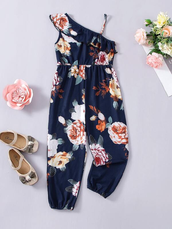 Toddler Girls Floral Print Ruffle Trim Asymmetric Neck Jumpsuit