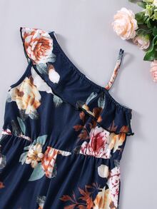 Toddler Girls Floral Print Ruffle Trim Asymmetric Neck Jumpsuit - Navy Blue - View 3