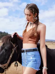 ROMWE Goth Áo hai dây Tương phản ren màu trơn Giải trí - Cà phê nâu - Xem 1