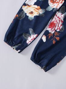 Toddler Girls Floral Print Ruffle Trim Asymmetric Neck Jumpsuit - Navy Blue - View 4