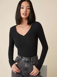 RueChic Camiseta unicolor de cuello V