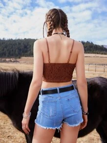 ROMWE Goth Áo hai dây Tương phản ren màu trơn Giải trí - Cà phê nâu - Xem 2