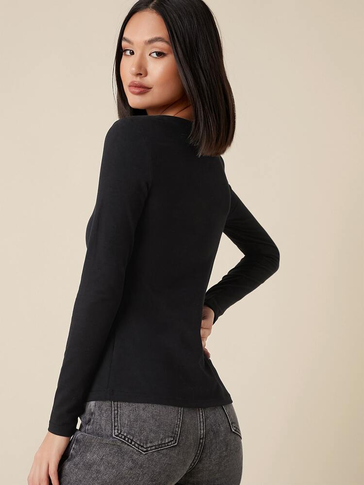 Women V-Neck Long Sleeve Fitted Casual T-Shirt, Solid Color