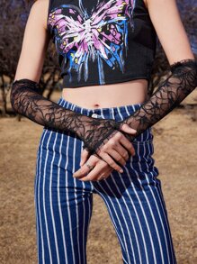 ROMWE Goth Floral Lace Fingerless Long Gloves - Black - View 4