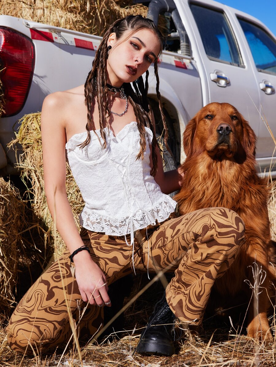 ROMWE Goth Áo nữ viền lá sen Ren lên Viên lá sen Dây kéo màu trơn Boho - trắng - Xem 1