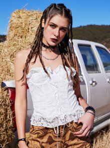 ROMWE Goth Áo nữ viền lá sen Ren lên Viên lá sen Dây kéo màu trơn Boho - trắng - Xem 4