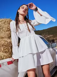 ROMWE Goth Flounce Sleeve Shirred Tie Front Dress - White - View 1