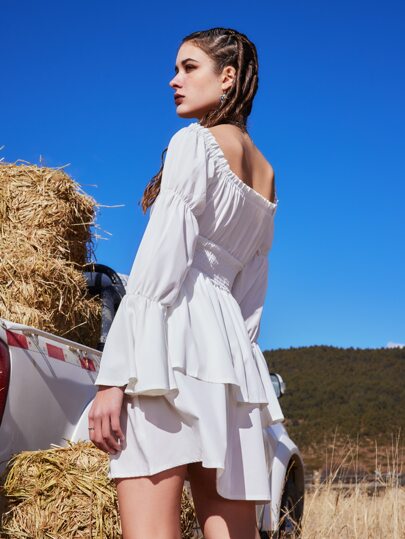 ROMWE フラウンススリーブ シール ネクタイフロント ドレス