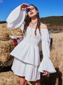 ROMWE Goth Flounce Sleeve Shirred Tie Front Dress - White - View 3