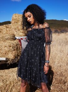 ROMWE Goth Moon Print Contrast Mesh Shirred Dress - Black - View 6