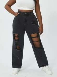 Slaydiva Plus High Waist Ripped Straight Leg Jeans - Black - View 1