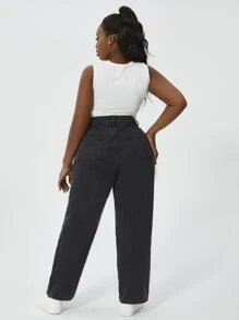 Slaydiva Plus High Waist Ripped Straight Leg Jeans - Black - View 2