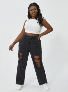 Slaydiva Plus High Waist Ripped Straight Leg Jeans - Black - View 3