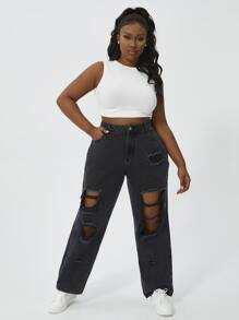 Slaydiva Plus High Waist Ripped Straight Leg Jeans - Black - View 4