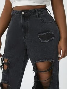 Slaydiva Plus High Waist Ripped Straight Leg Jeans - Black - View 5