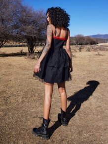 ROMWE Goth Lace Insert Butterfly Graphic Dress - Black - View 2