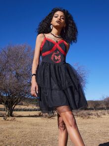 ROMWE Goth Lace Insert Butterfly Graphic Dress - Black - View 4