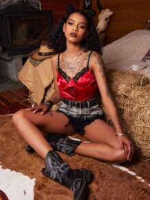 ROMWE Goth 花卉圖案蕾絲拼接緞面吊帶 - 酒紅色 - 查看 3