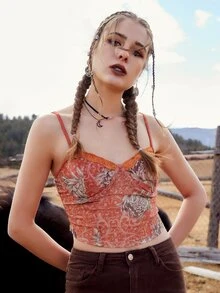 ROMWE Goth Cami corto con estampado floral con encaje en contraste - Multicolor - Ver 4