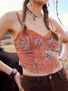 ROMWE Goth Cami corto con estampado floral con encaje en contraste - Multicolor - Ver 5