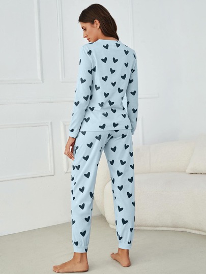 Young Mint Blauw Heart Print Round Neck Regular Length Two Pieces Pajama Set Slight Stretch Fabric Cozy Elegante s, Fall Clothes view 2