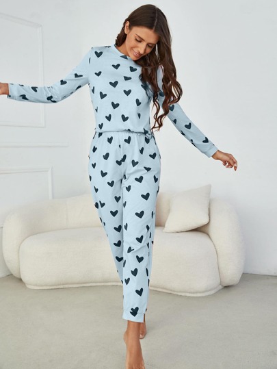 Young Mint Blauw Heart Print Round Neck Regular Length Two Pieces Pajama Set Slight Stretch Fabric Cozy Elegante s, Fall Clothes view 3