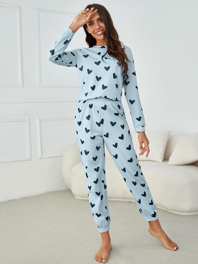 Young Mint Blauw Heart Print Round Neck Regular Length Two Pieces Pajama Set Slight Stretch Fabric Cozy Elegante s, Fall Clothes view 4