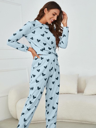 Young Mint Blauw Heart Print Round Neck Regular Length Two Pieces Pajama Set Slight Stretch Fabric Cozy Elegante s, Fall Clothes view 5