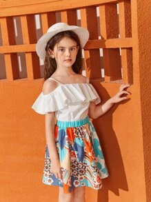 SHEIN Niñas de hombros descubiertos ribete con fruncido Top & floral Set falda - Multicolor - Ver 3