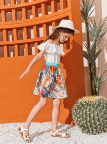 SHEIN Niñas de hombros descubiertos ribete con fruncido Top & floral Set falda - Multicolor - Ver 6