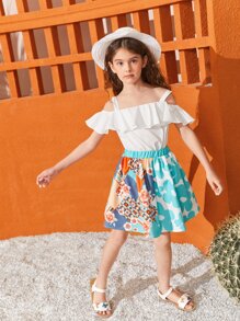 SHEIN Niñas de hombros descubiertos ribete con fruncido Top & floral Set falda - Multicolor - Ver 7