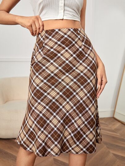 SHEIN PETITE High Waist Tartan Print Skirt