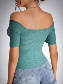 SHEIN Tall 素色一字領條紋針織T恤 - 青碧色 - 查看 2