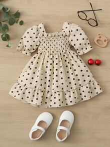 SHEIN Baby Polka Dot Shirred Bodice Ruffle Hem Dress - Khaki - View 1